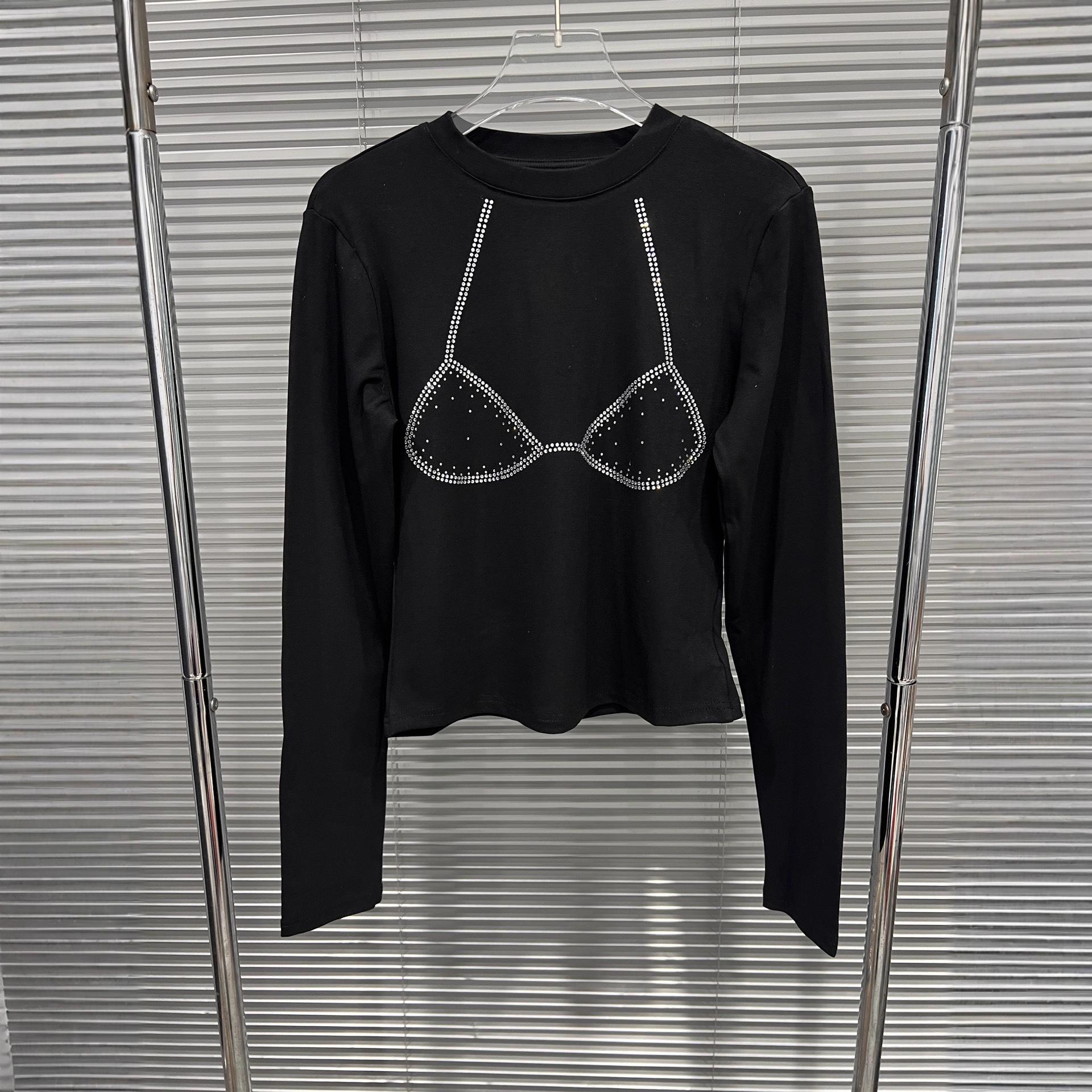 

2025 Women s Black Rhinestone Round Neck Slimming T-shirt, Autumn/Winter Collection L чёрный