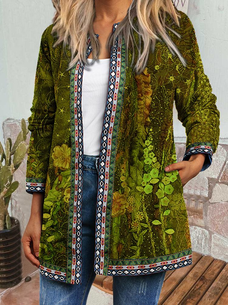 Women's Crew Neck Long Sleeve Cardigan Oversized Vintage Ethnic Print Plus Size Open Front Jacket Casual Outerwear