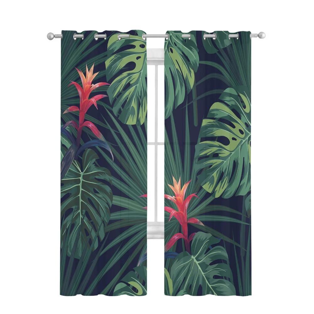 Tropical Jungle Green Plant Flowers Leaves Tulle Sheer Window Curtains for Living Room Bedroom Voile Organza Curtains Drapes