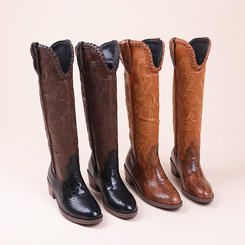 

Новые модные большие сапоги на грубом каблуке из соломенной ткани с V-образной формой