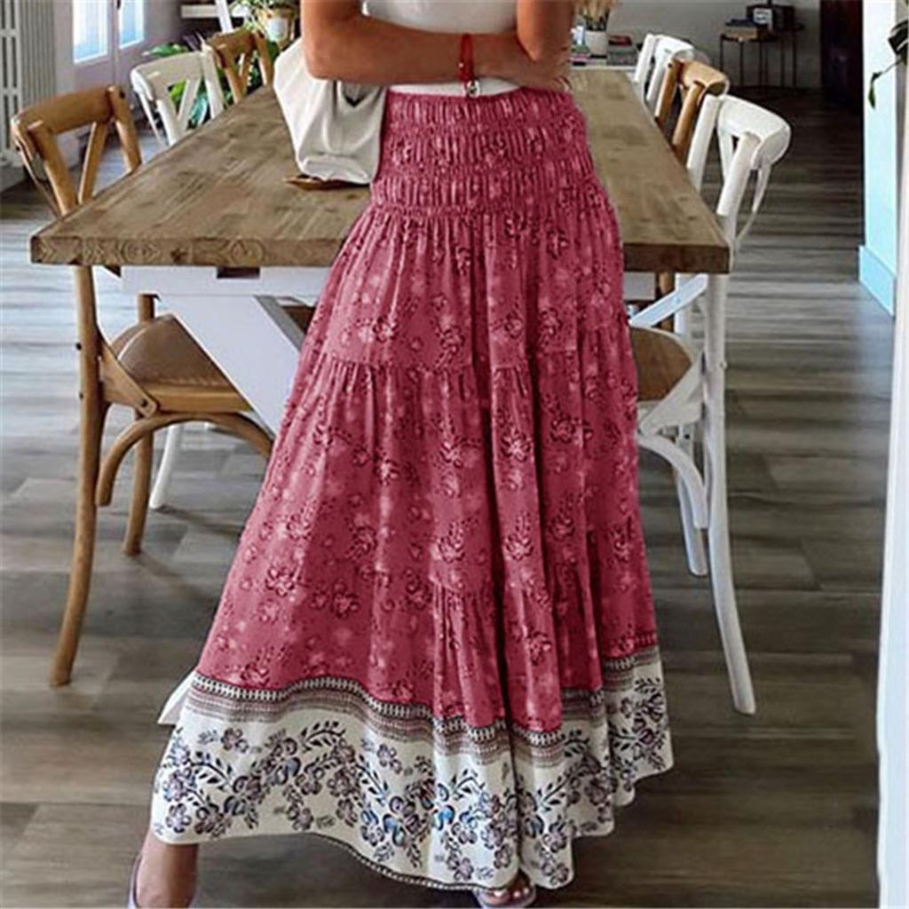 Women Fashion Casual Flower Printing High Waist Pleated Long Skirt