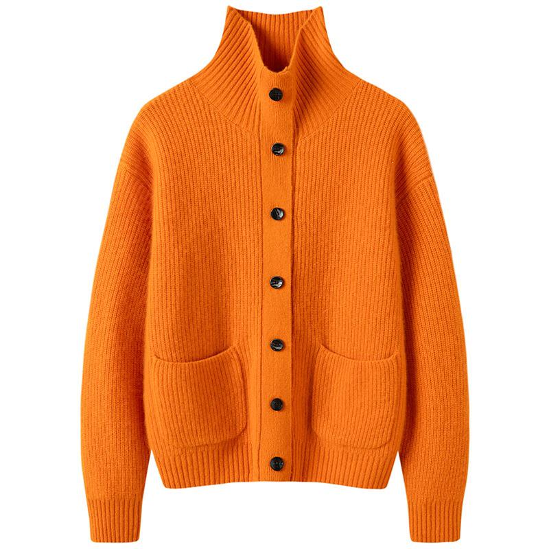 Autumn/Winter 2026 Women's Cashmere Lapel Cardigan - Ribbed Knit Single-Breasted Jacket