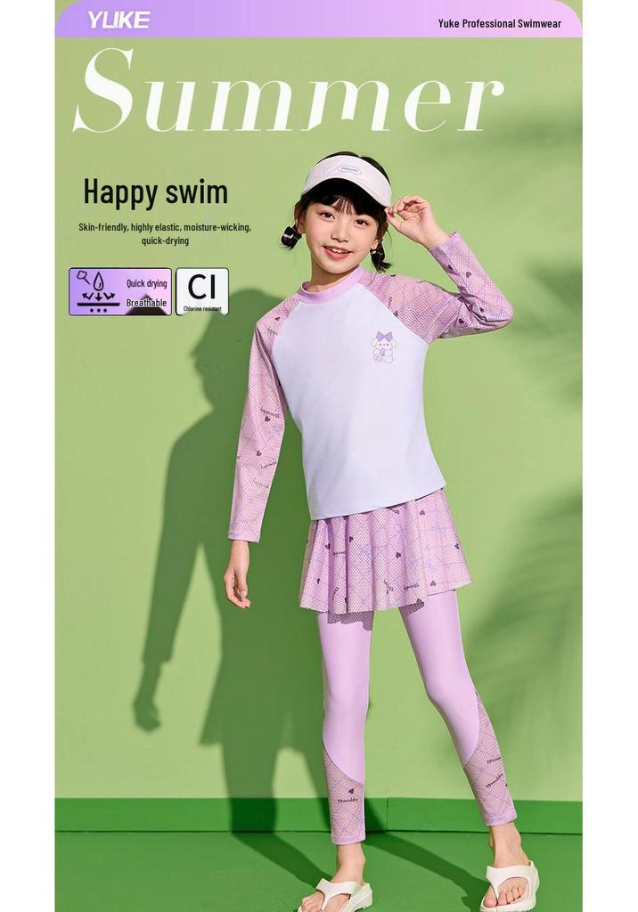 Girls' Long Sleeve Two-Piece Swimsuit, Sun Protection, 2025 New Style for Kids, Professional Training Swimwear