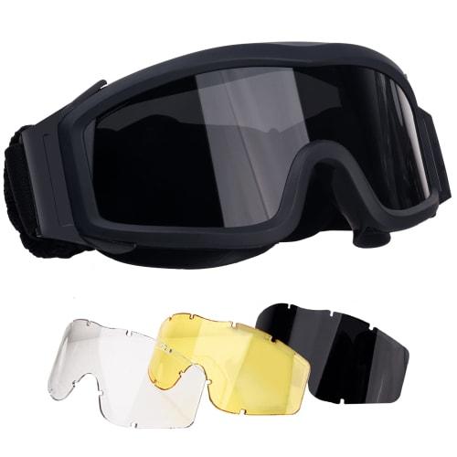 FOCUHUNTER Tactical Goggles, Sports Glasses, 3-Color Lens Set, Easy Lens Interchange, Adjustable Length, Impact Resistant, Breathable, Windproof, Dust