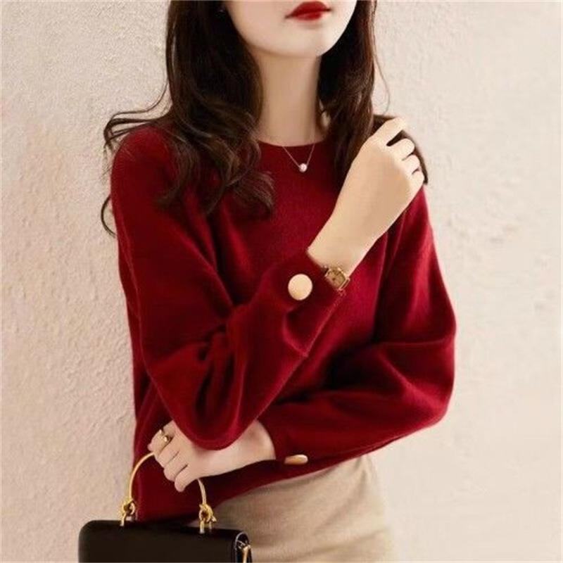

Fashion solid color crew neck knitted sweater long sleeve autumn and winter new loose pullover versatile top women s sweater one size fits all