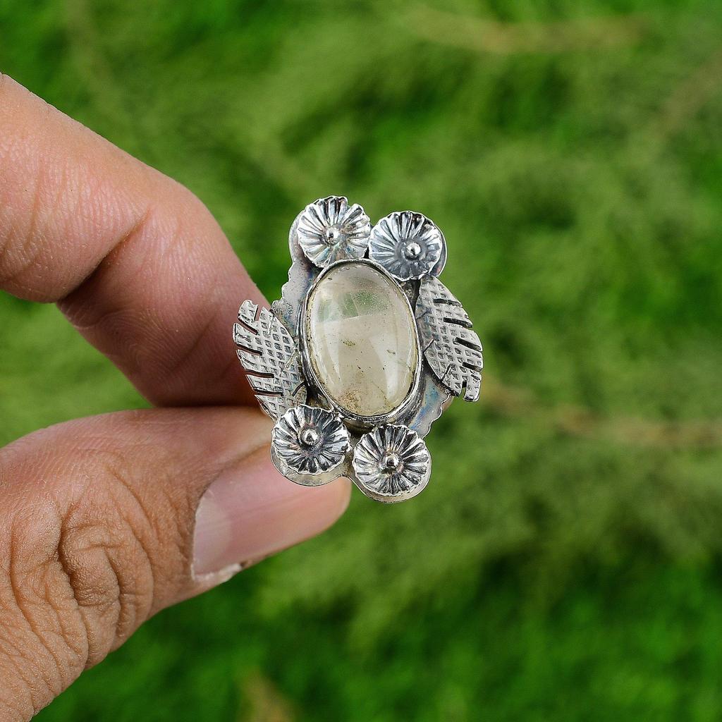 Natural Moonstone Gemstone Stackable Flower Adjustable Ring 925 Sterling Silver