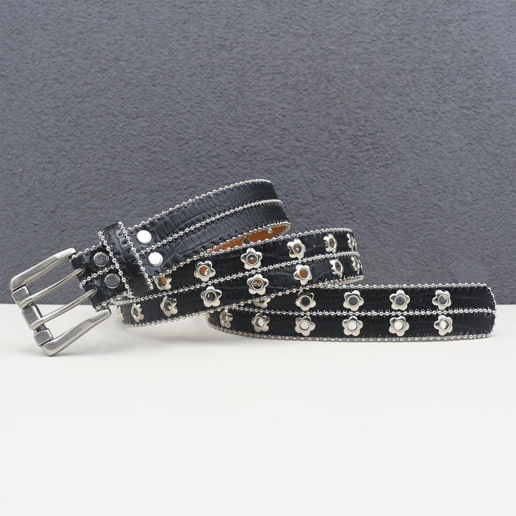 Men's and Women's European & American Punk Style Leather Belt with Flower Rivet and Eyelet Design