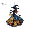 Decorative Chain Hanging Witch Acrylic Suncatcher, Stained Glass Effect Window Car Ornament, Gothic Scary Art with Pumpkin Lantern Sun Catcher