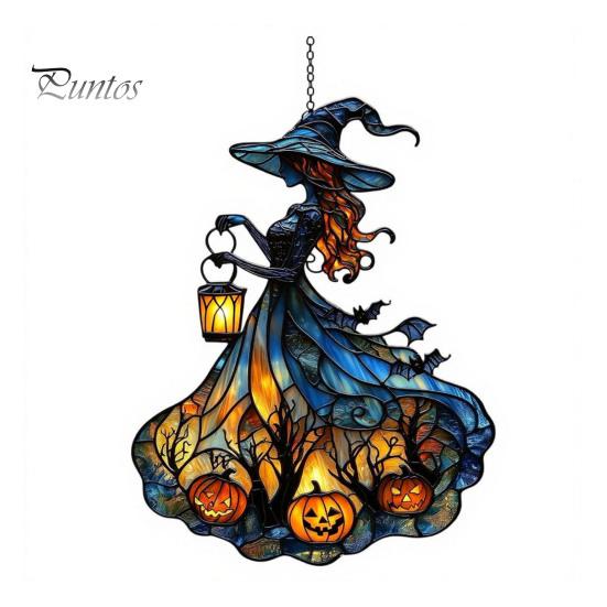 Decorative Chain Hanging Witch Acrylic Suncatcher, Stained Glass Effect Window Car Ornament, Gothic Scary Art with Pumpkin Lantern Sun Catcher