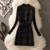 Vintage Mid Length Plaid Tweed Vest Jacket Women's 2-Pack Button Belt Vest and Knit Sweater
