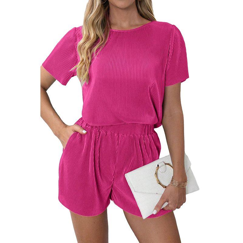 

2025 Summer New Arrival Short-Sleeved T-shirt Shorts Two-piece Set Women European and American Leisure Loose Pure Color Sports Suit Women Rose Red Size L fit (62.50 kg-70.00 kg