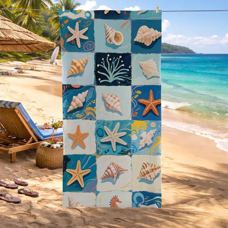 Watercolor Seashell Beach Towel Boho Vintage Ocean Shell Seaweed Print Towel Quick Dry Sandproof Absorbent Beach Blanket