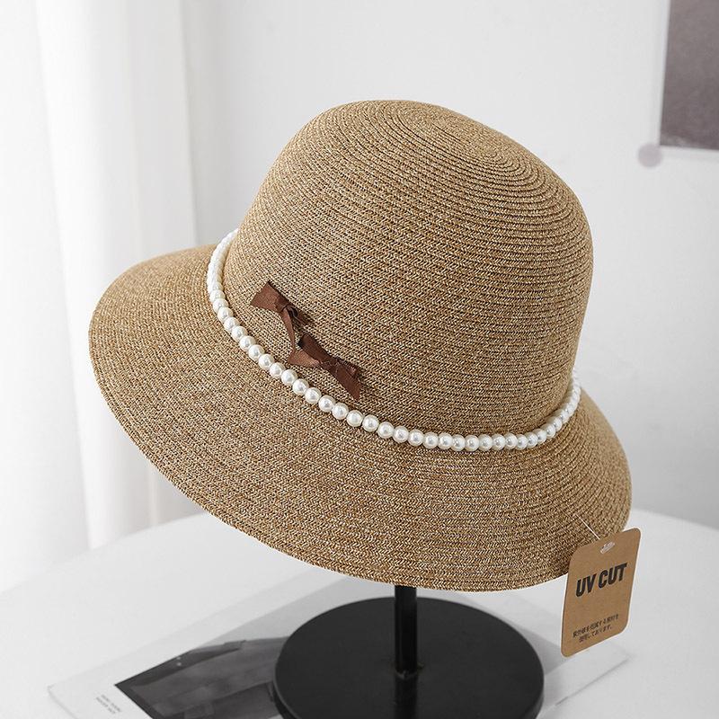 French sunshade bow pearl flat top straw hat sunshade sunscreen casual fashion versatile beach hat women
