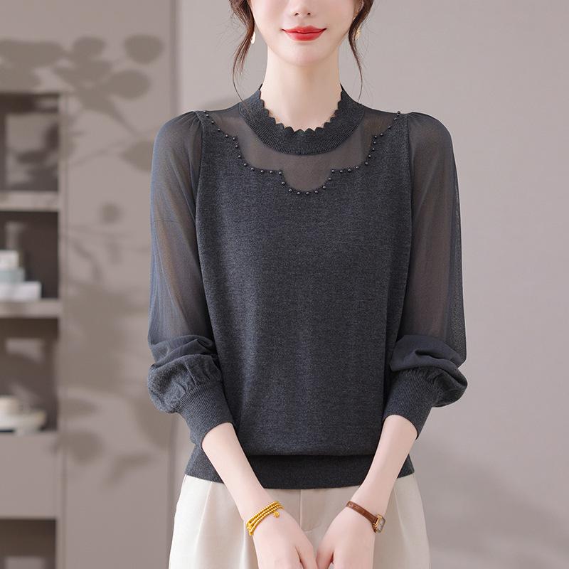 

Elegant Beaded Yarn Sleeve Knit Top for Women - Spring/Autumn 2025 XL