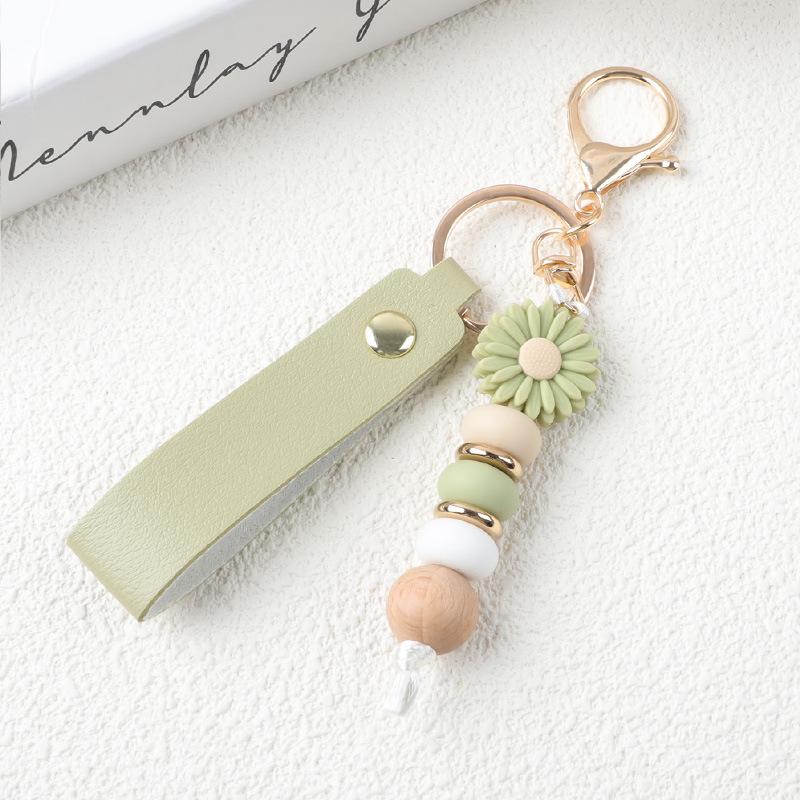 Boho Wood Bead Flower Keychain PU Leather Wrist Strap Metal Key Ring Trendy Bag Pendant for Girls