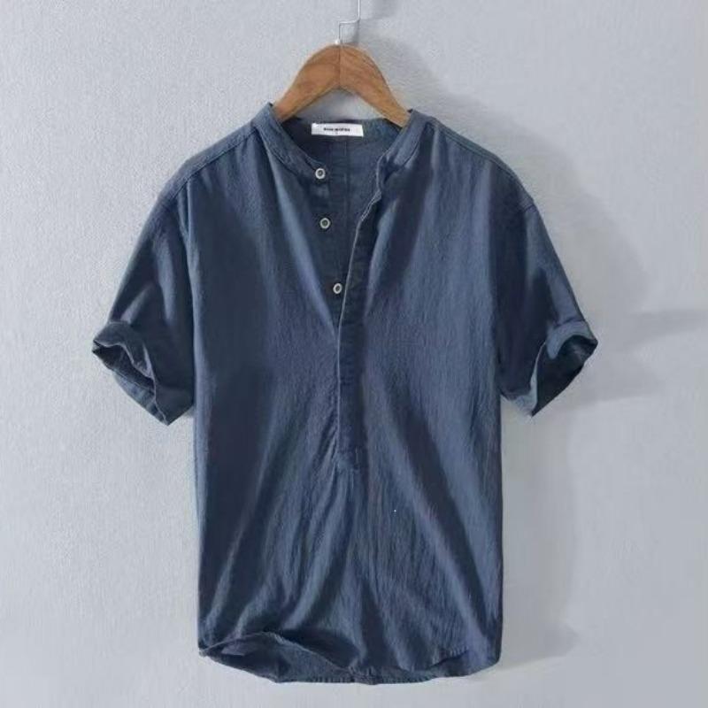 Men Summer Casual Loose Short Sleeve Stand Collar Breathable Linen Shirt