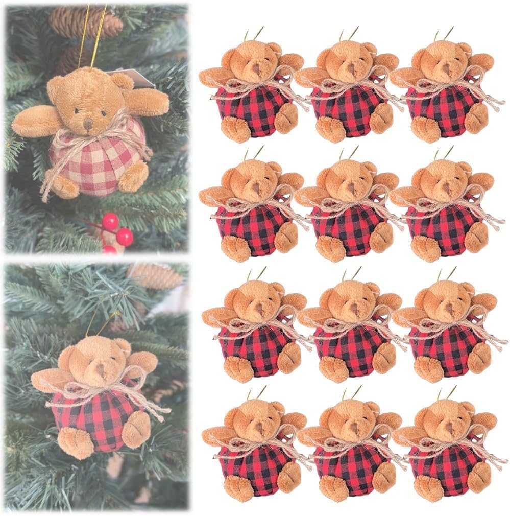 

Classic Plaid Bear Pendant Festive Plaid Bear Ornaments for Christmas Tree Mini Stuffed Plush Bears Keychain for Xmas