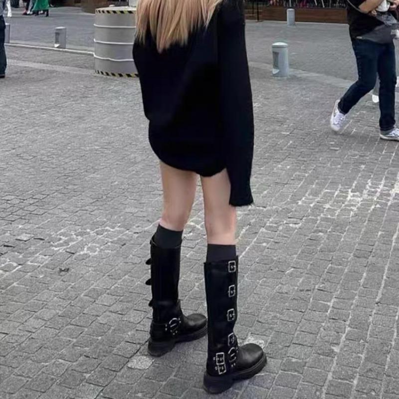 Brown Western Cowboy Boots Women's But Knee Boots Metal Belt Buckle Thick Heel Platform Tall Knight Boots Single Boots