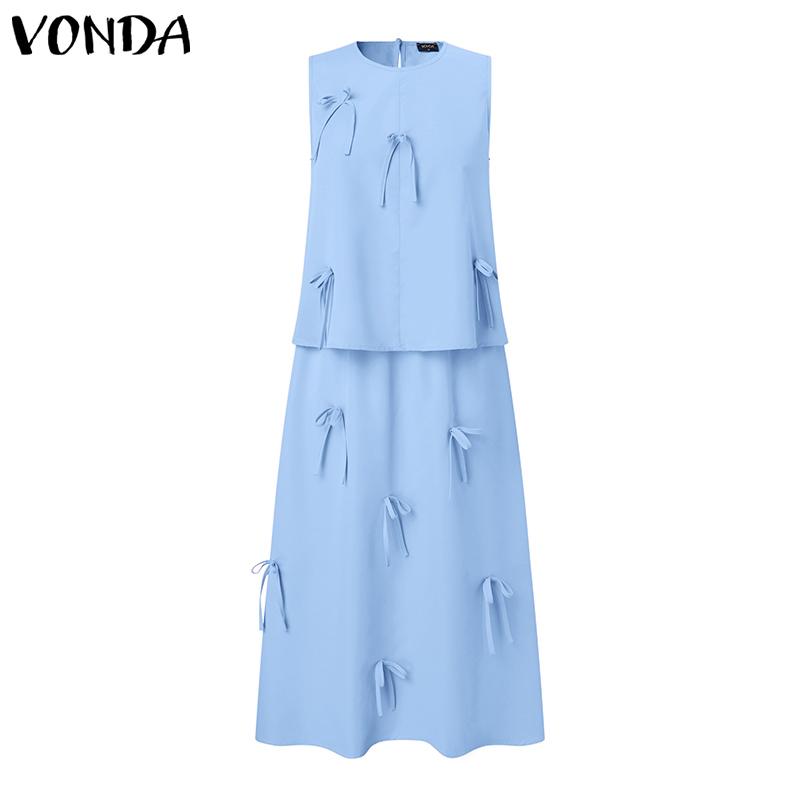 

VONDA Two Piece Suit Women Summer Round Neck Bow Knot Tanks Skirt Sets XL розовый