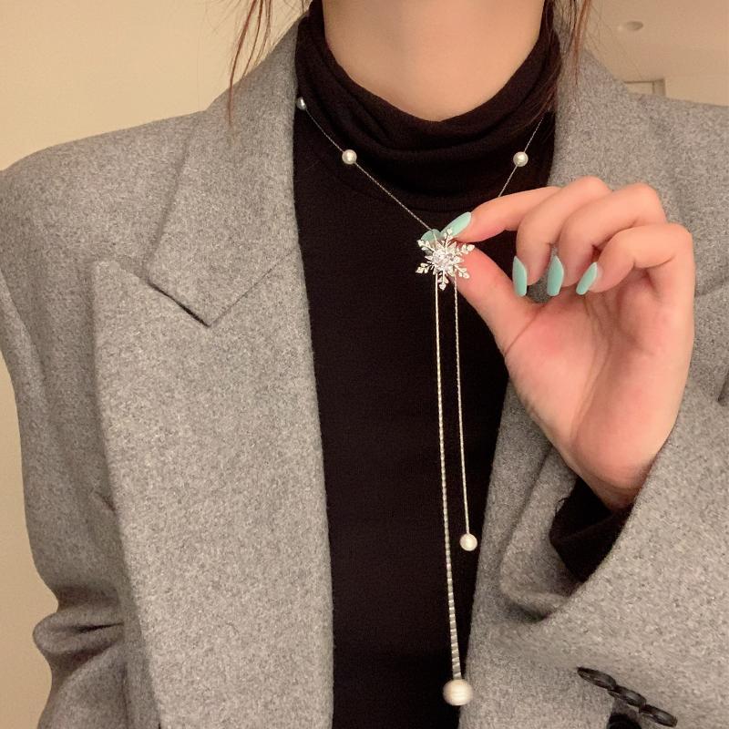 Firework Pearl Pendant Slider Necklace For Women Exquisite Sweet Long Tassel Sweater Chain Vintage Casual Versatile Jewelry Gift