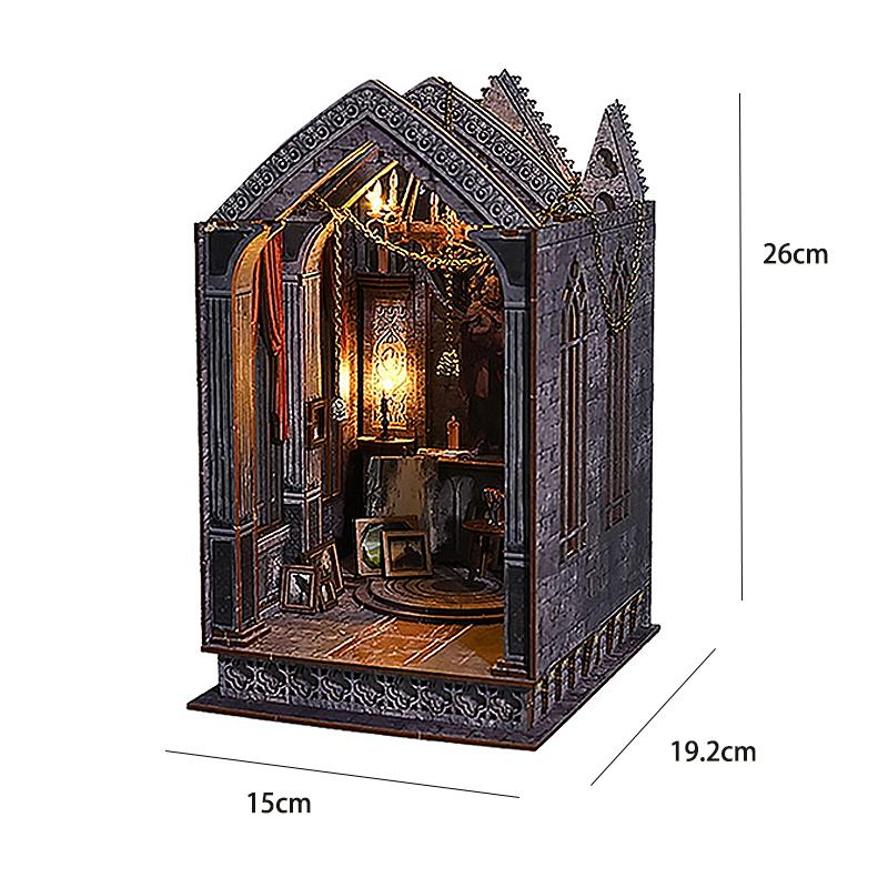 Bookshelf Set Micro Assembly Model Gothic Architecture Doll House DIY Handmade Toy Set with Lights For Adult Biethday Gifts