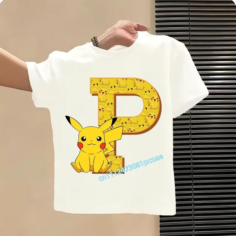 Short Sleeve Summer T-shirt Tops Cotton Tee for Pokemon Pikachu Anime A-Z Letters Printed Cute Clothing Children Casual Clothes