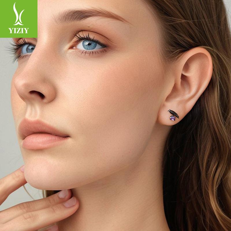 Halloween Dark Wind Crow Stud Earrings Cross-Border Popular S925 Sterling Silver Plated Black Gold Stud Earrings