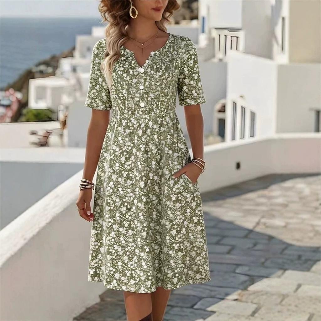 Abito midi da donna con stampa floreale, scollo a V e maniche corte