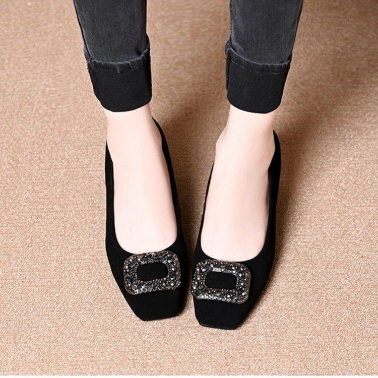 Square head shallow mouth single shoes women's spring new rhinestone square buckle black low-heeled women's shoes