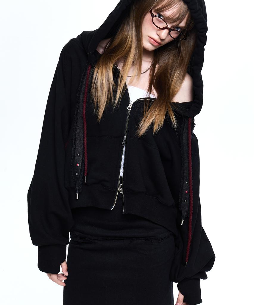 Rssc Denim Strap Crop Hood Zipup - Black