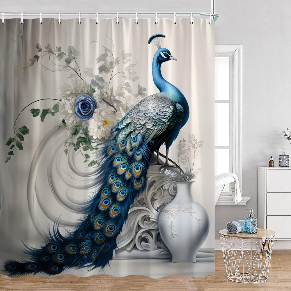 Peacock Shower Curtain Beautiful Blue Bird Pink Flower Tree Chinese Style Elegant Bath Curtain Modern Bathroom Decor with Hook