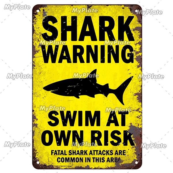 [MyPlate] Vintage Varning Haj Hav Strand Poster Metallskylt Plåt Zinkskylt Vägg Hantverk Dekor För Hem Plakett