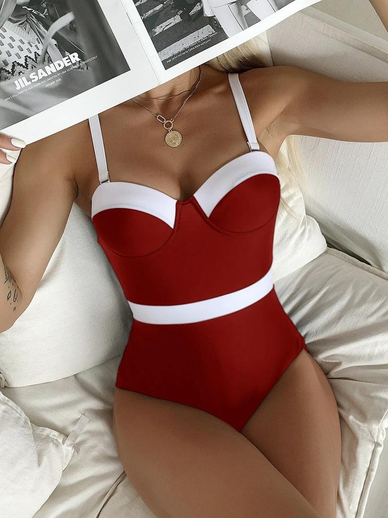 Sexy Push Up One Piece Swimsuit Colorblock Swimwear Women Underwire Bodysuit Female Bathing Suit New Swimming Suit