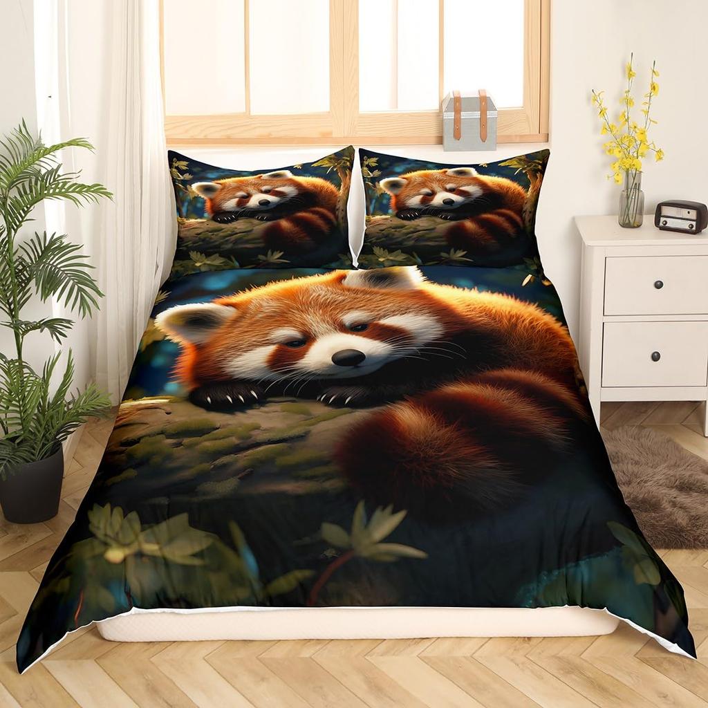 Raccoon Duvet Cover Set Girls Women Cute Cartoon Animal Queen Bedding Set with Pillowcase Pink Rose Flower Decor Duvet Cover