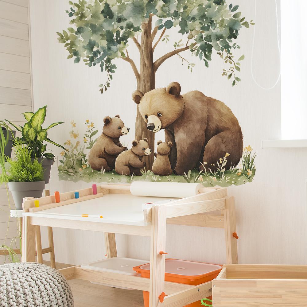 Cartoon Parent-child Brown Bear Bedroom Living Room Entrance Hall Home Background Beautification Wall Stickers