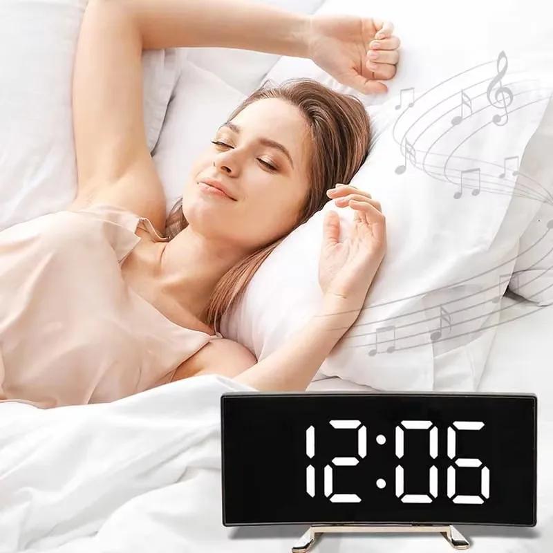 LED Digital Alarm Clock Curved Screen Mirror Display Silent Smart Desktop Clock Student Bedroom Table Clock