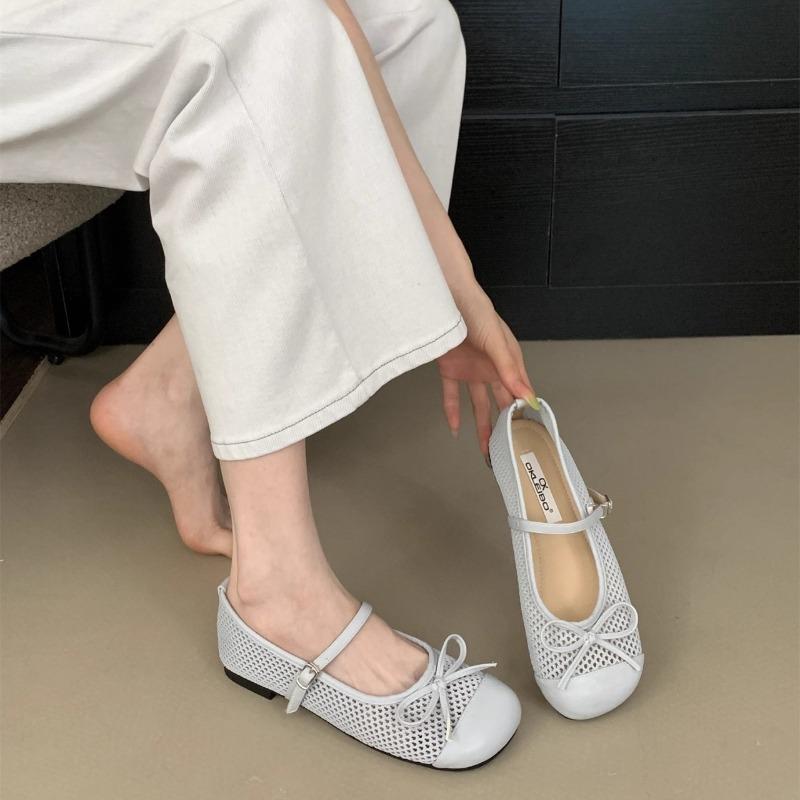 NEW  Korean Style 2025 New Hollow Out Spring Summer Fashionable Adult Casual Shoes Bow Design Flat Bottom Single Shoes
