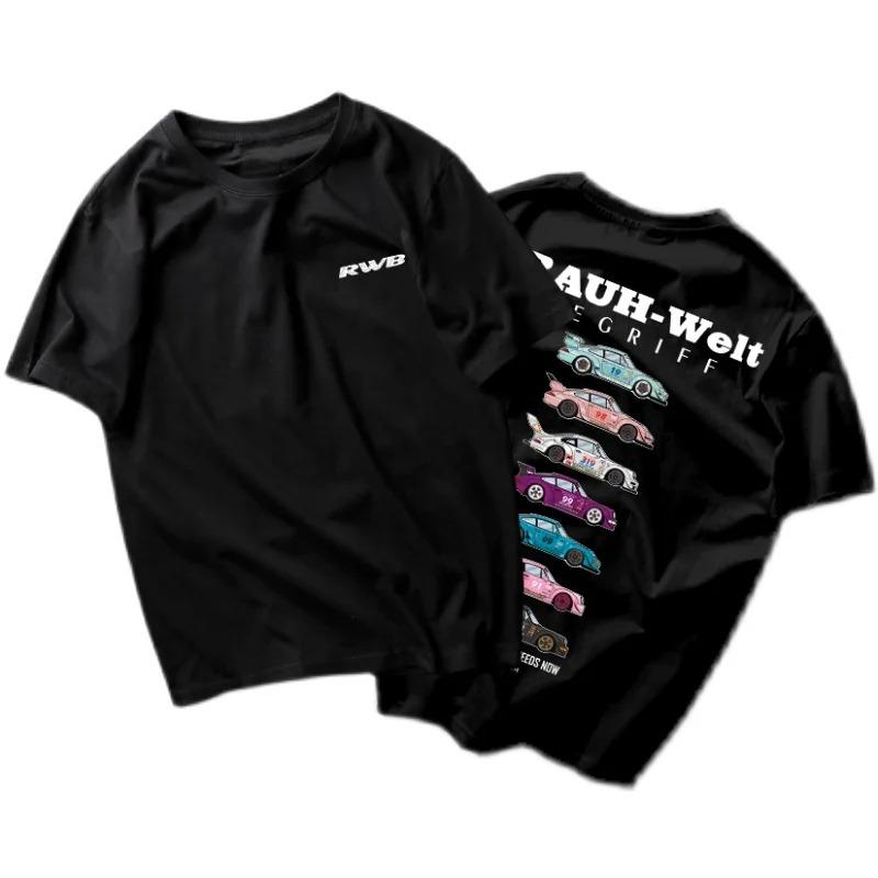 Hot RWB Modified Car Graphic Print T-shirt Bay Shore Theme Hellaflush Men Women Short Sleeve Couples Same Style Loose Casual Oversized Summer New Tee