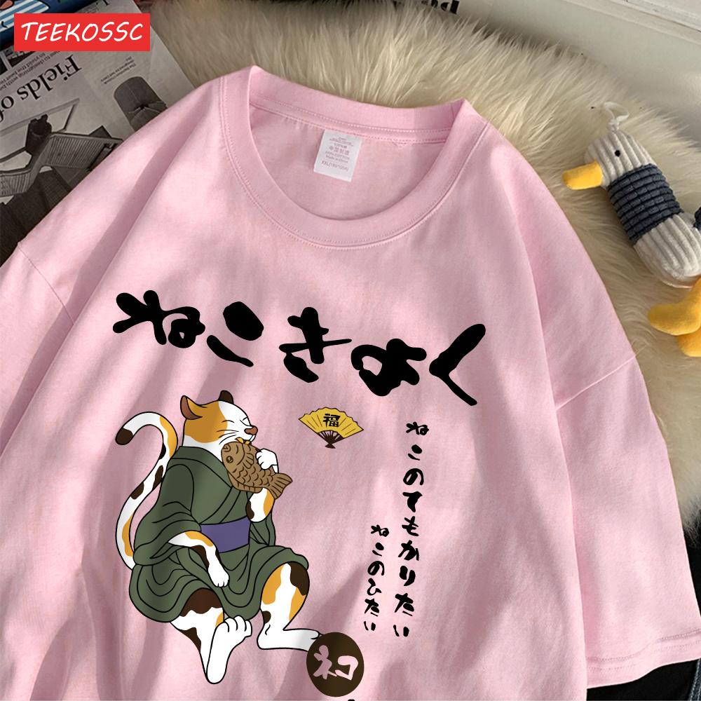 Casual Cotton WomenS TShirts Japanese Retro Fun Cats Printing Tees ONeck Loose Soft Short Sleeve Summer Street Female Clothes