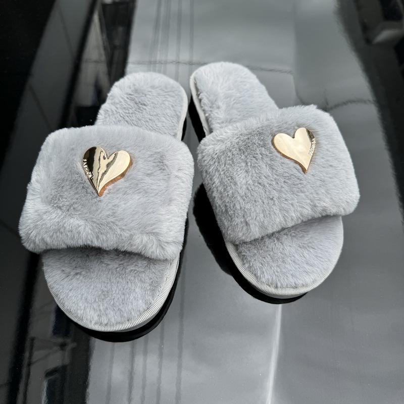

Меховые тапочки с большой пряжкой в форме сердца - Универсальная повседневная модная обувь Medium Large (40-41) серый