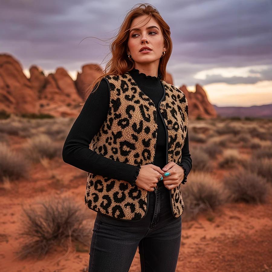 Autumn Winter Leopard Print Faux Fur Vest Women's Sleeveless Casual Coat