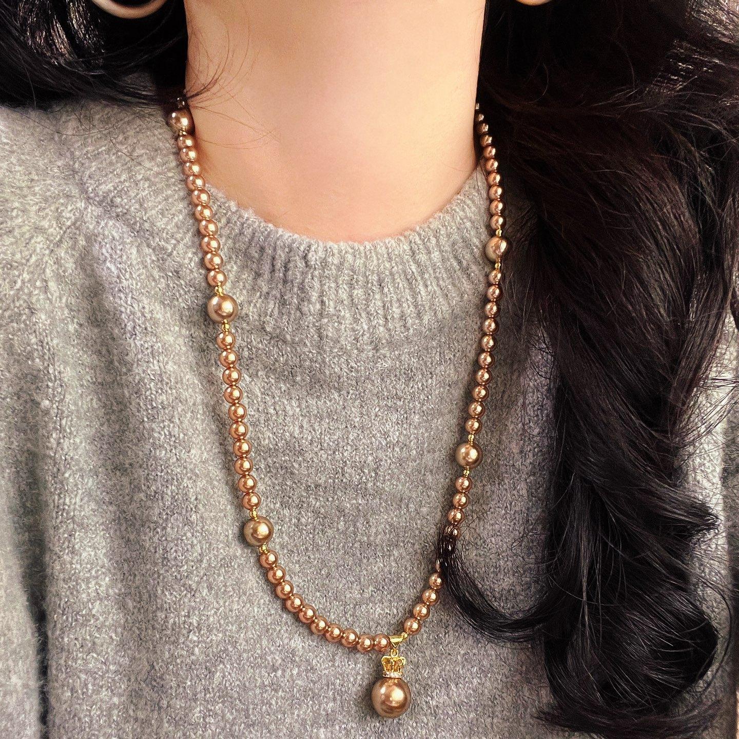 

High Quality Mocha Brown Shijia Pearl Maillard Wind Necklace Collarbone Chain Neck Chain Sweater Chain Pendant Female