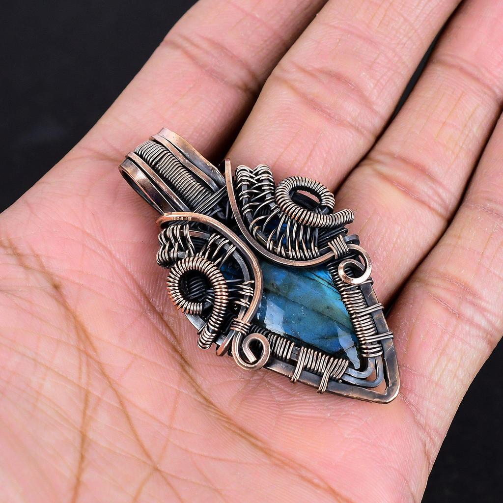 Labradorite Pendant, Handmade Gemstone , 999 Copper Wire Wrapped Pendant Antique Jewelry, For Gift Silver Jewelry