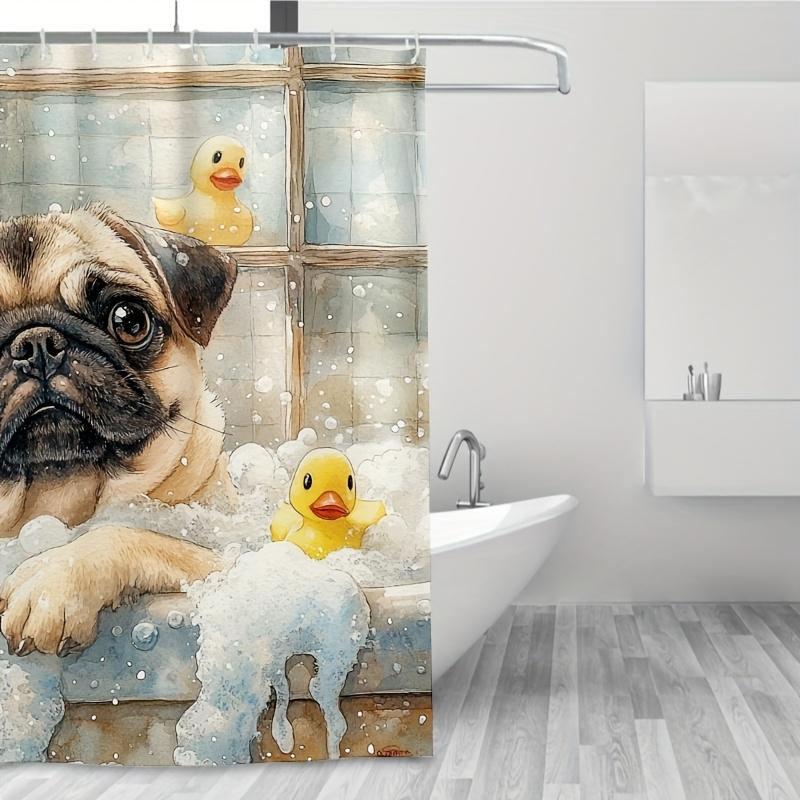 "Cute Pug Dog in Bathtub Shower Curtain - Rubber Ducks, Bubble Foam & Whimsical Pet Art for Fun Bathroom Decor"