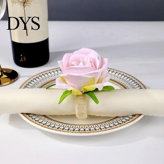 Reusable Floral Napkin Fasteners for Banquets Artificial Rose Ring, Fabric Pink Flower Holder, Rustic Buckles Party Ring Farmhouse Wedding Bridal