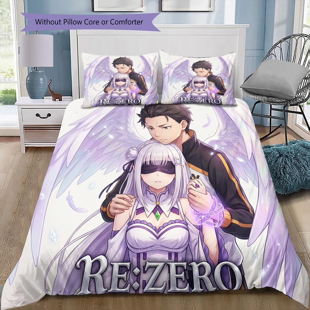 Re Zero Pattern Bedding Quilt Set Quilt Cover Pillowcase Home Birthday Gift(1 * Duvet Cover + 2 * Pillowcase, Without Core)
