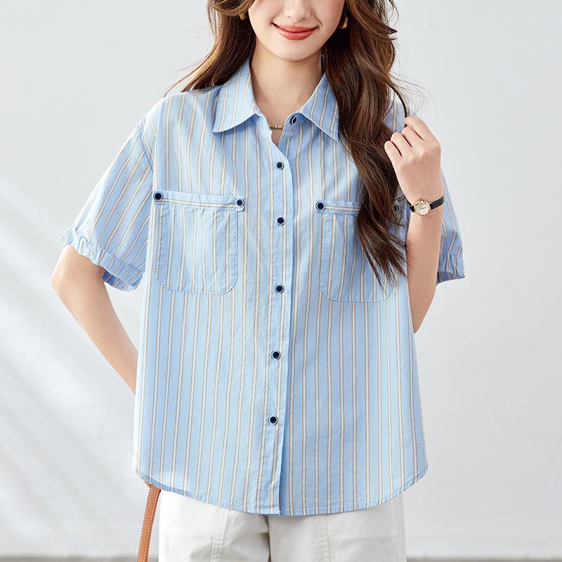 Bluză cu dungi albastre pentru femei Mânecă scurtă Vară Ultimul Top Croială relaxată Subțire Zilnică Bluză pentru femei