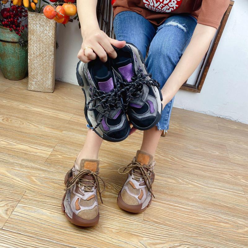 Johnature Genuine Leather Shoes Women Sneakers Lace-up Retro Mixed Colors Spring Handmade Concise Platform Sneakers