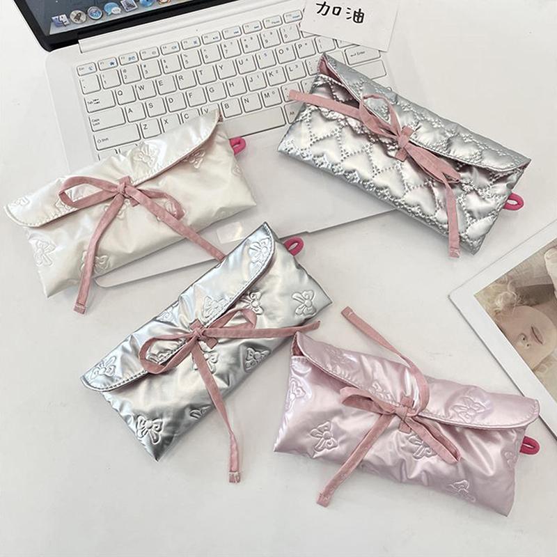 Sweet Quilted Bow Love Flap Pencil Case Organizer Coin Purse  Girly Cosmetic Bag Women Portable Sundries Storage Bag Gift