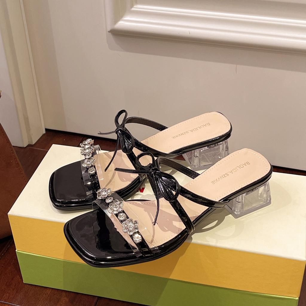 2025 summer new beautiful fairy style bow one-word slippers women's thick heel outer wear fashion sandals fashion skirt